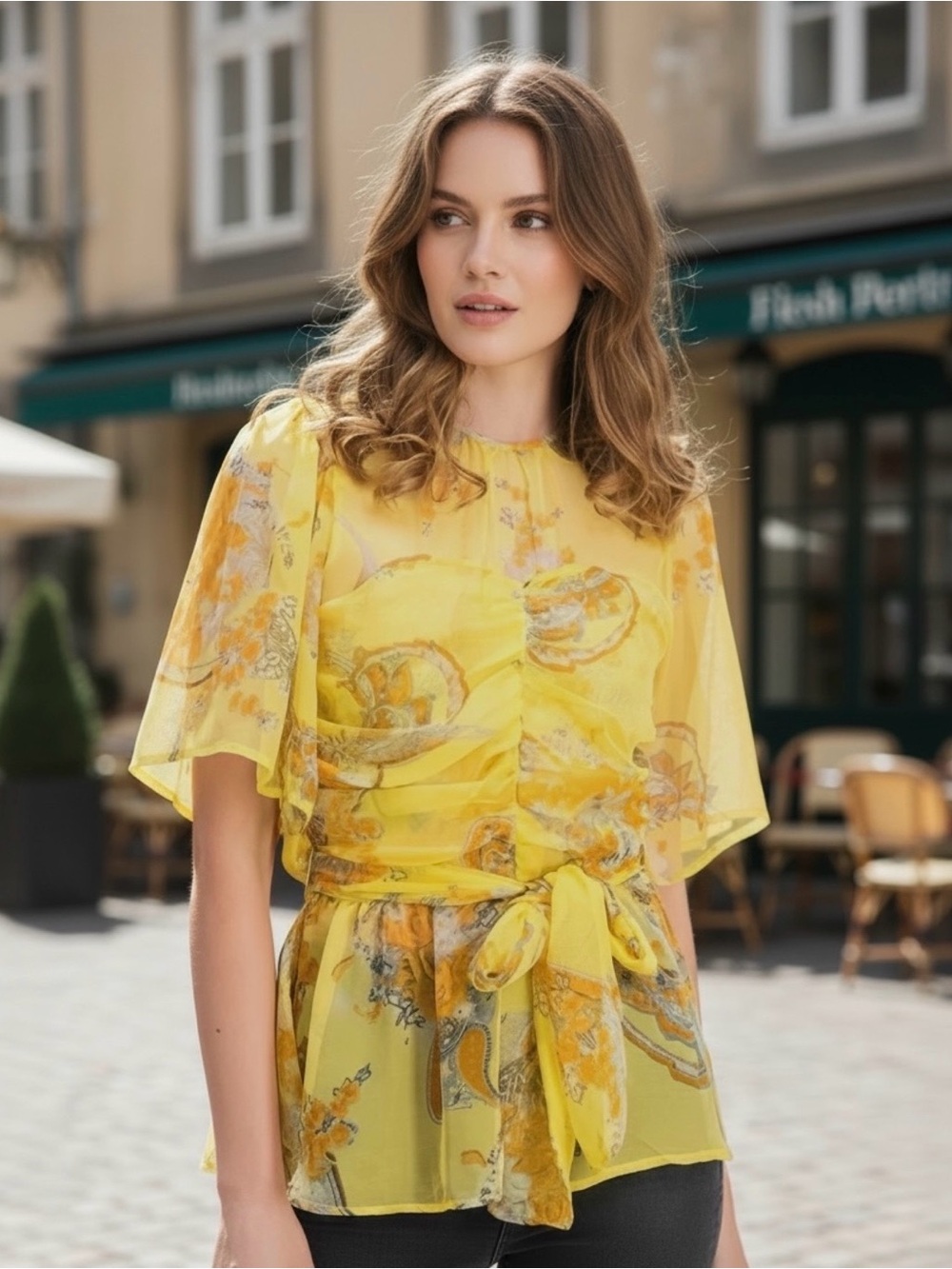 Walter Baker Tyrone Ruched Yellow Sheer Ruched Short Sleeve Blouse Size: L